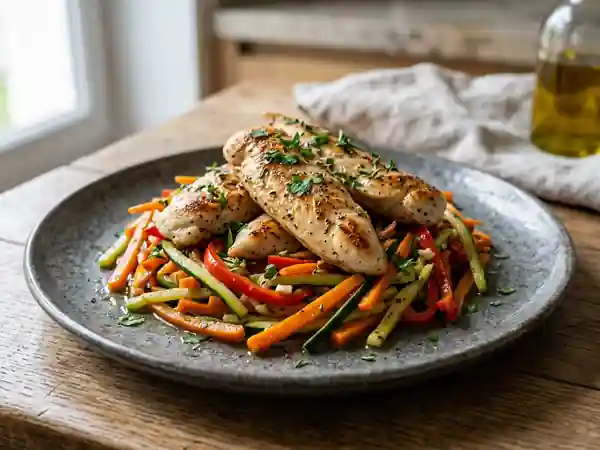 Poulet doré au nid de légumes croquants - Photo de présentation
