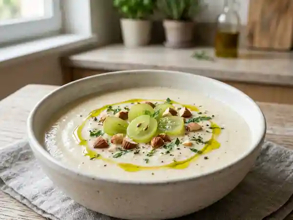 Ajo blanco andalou : soupe froide traditionnelle à l'ail et aux amandes - Photo de présentation
