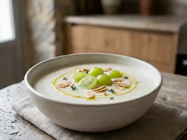 Ajo Blanco crémeux aux amandes et raisins frais - Photo de présentation