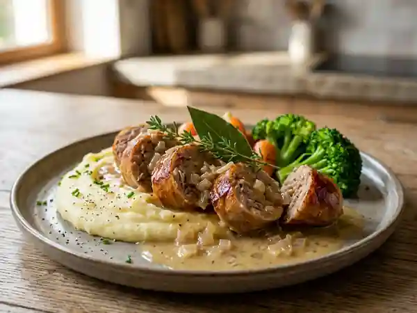 Andouillettes au thym et laurier avec sauce au vin blanc délicate - Photo de présentation