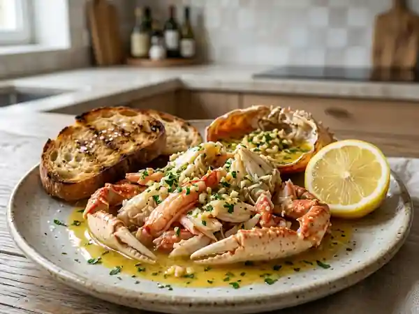 Araignées de mer fraîches du pêcheur à la sauce citronnée - Photo de présentation