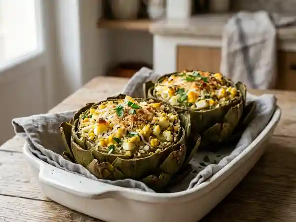 Artichauts rôtis, farce fondante œuf et parmesan - Photo de présentation
