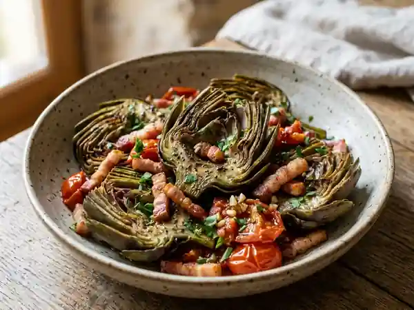 Artichauts pointus rôtis et lardons croustillants - Photo de présentation