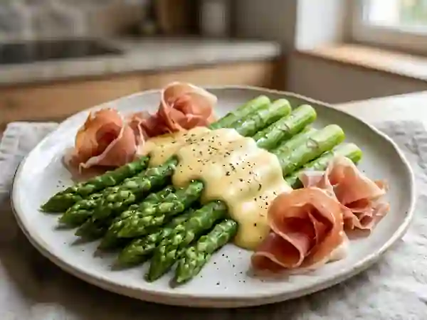 Asperges, mousseline aérienne et jambon - Photo de présentation