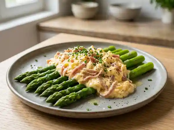 Asperges Vertes à la Brouillade d'Œufs au Jambon de Parme - Photo de présentation
