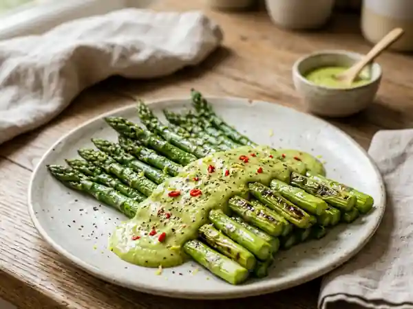 Asperges croquantes et crème d'avocat pimentée - Photo de présentation