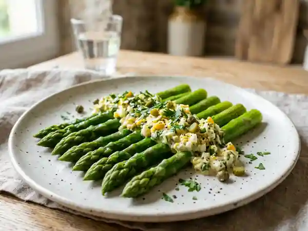 Asperges vertes fraîches à la sauce gribiche maison - Photo de présentation