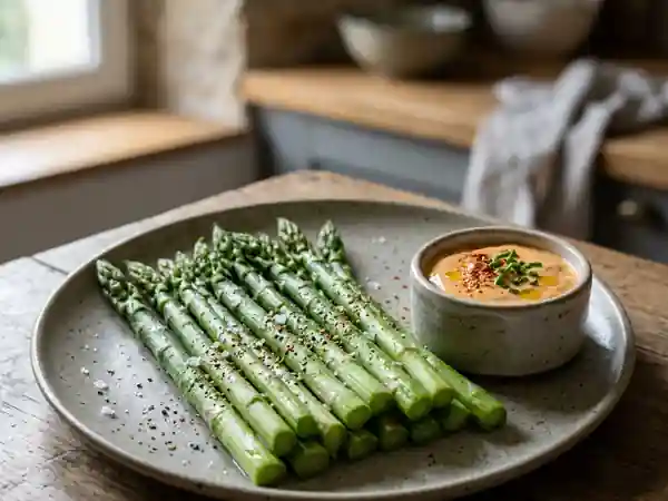 Asperges vertes fraîches servies avec une mayonnaise pimentée maison - Photo de présentation