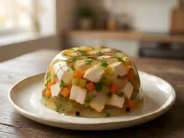 Aspic de poulet fondant aux petits légumes - Photo de présentation