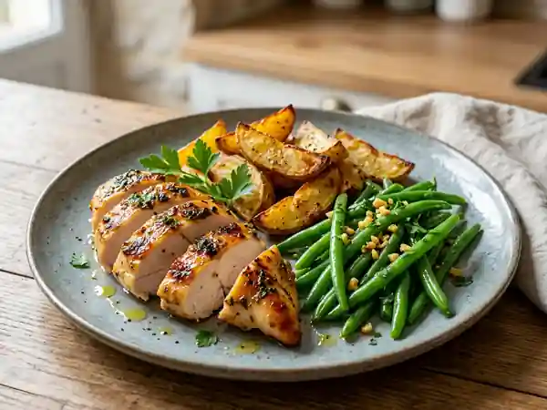 Poulet juteux et poêlée de légumes à l'ail - Photo de présentation