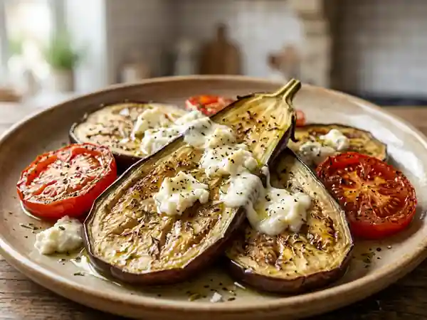 Aubergines confites au chèvre et tomate fraîche - Photo de présentation