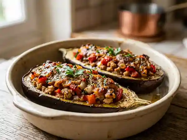 Aubergine farcie fondante à la volaille - Photo de présentation