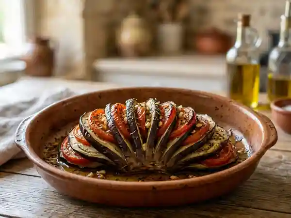 Aubergines en éventail fondantes à l'ail - Photo de présentation
