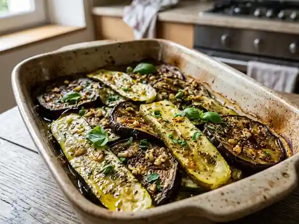 Aubergines et courgettes fondantes rôties au four, parfumées aux herbes - Photo de présentation