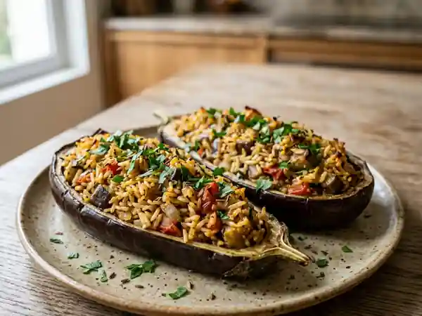 Aubergines farcies au riz à l'orientale savoureuses et parfumées - Photo de présentation