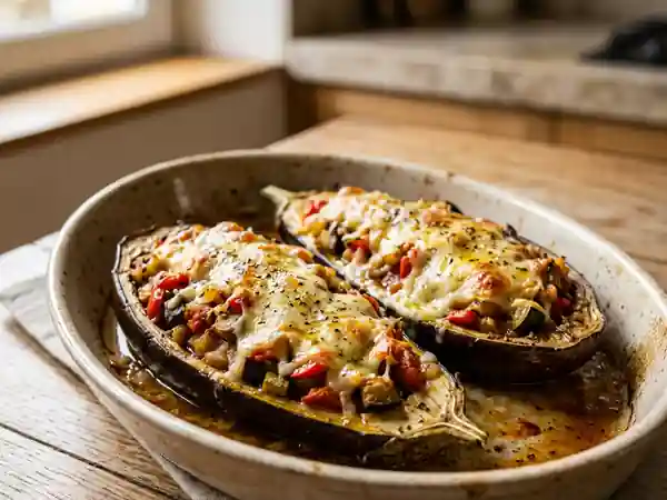 Aubergines farcies aux légumes savoureux et mixte gourmand - Photo de présentation
