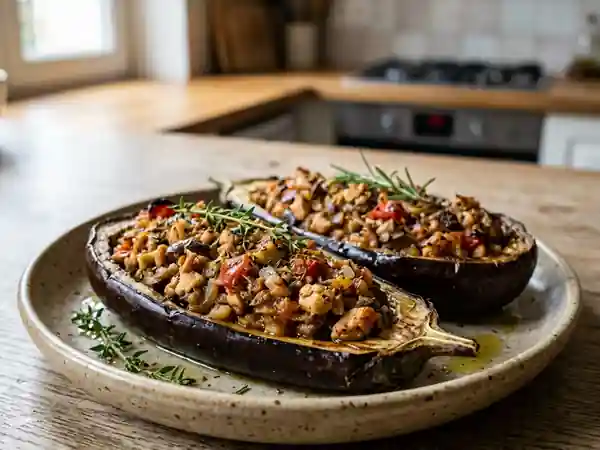 Aubergines fondues farcies au poulet et herbes - Photo de présentation