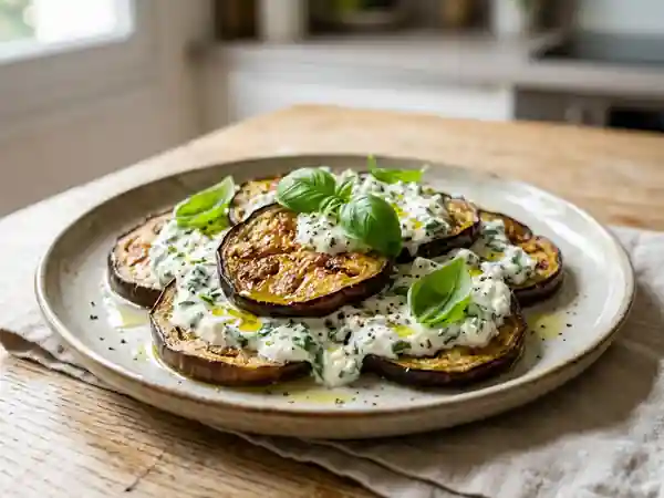 Aubergines fondantes au basilic et fromage blanc - Photo de présentation