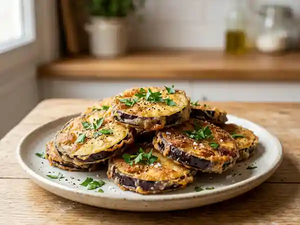 Rondelles d'aubergines frites au persil frais - Photo de présentation