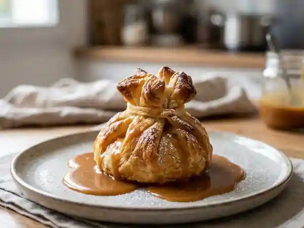 Aumônière aux pommes fondantes et coulis de caramel onctueux - Photo de présentation