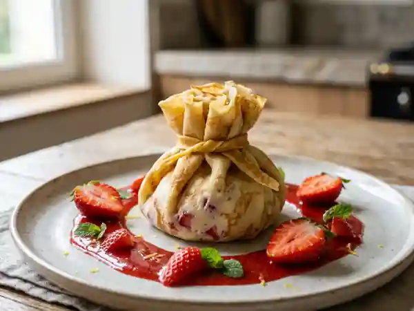 Aumônière fondante aux fraises et coulis frais - Photo de présentation