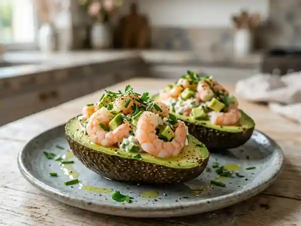 Avocats farcis crevettes et herbes fraîches - Photo de présentation
