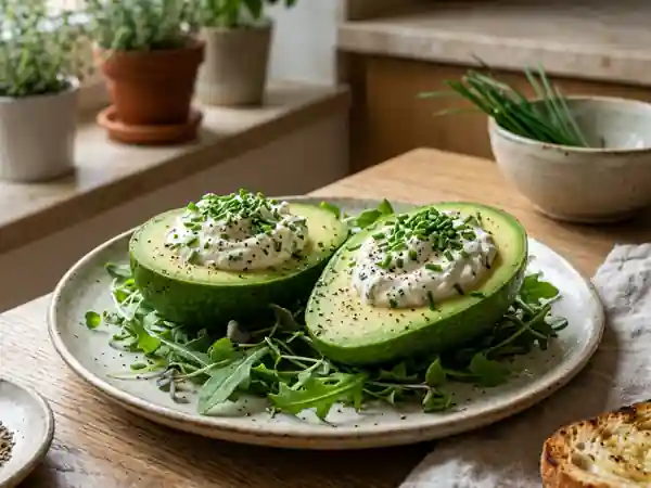 Avocats en coque garnis au carré frais et fines herbes - Photo de présentation