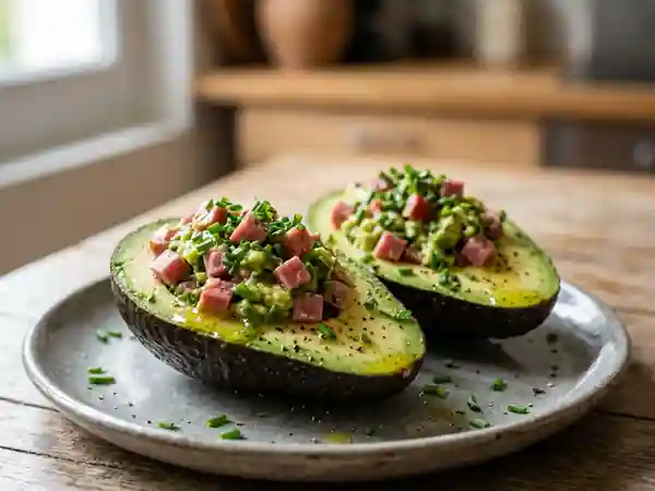 Avocats fondants farcis au cervelas moutardé - Photo de présentation