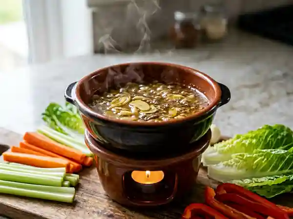 Bagna Cauda traditionnelle italienne : sauce chaude aux anchois et légumes frais - Photo de présentation