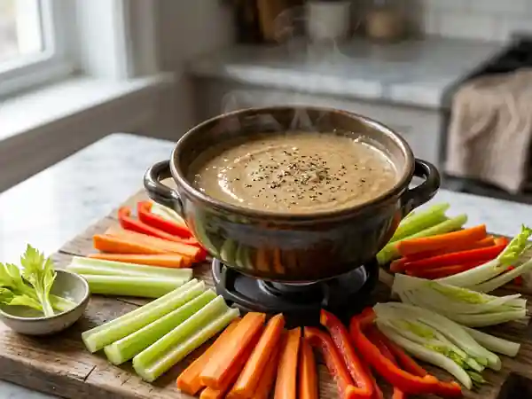 Bagna Cauda traditionnelle piémontaise : sauce chaude aux anchois et légumes frais - Photo de présentation