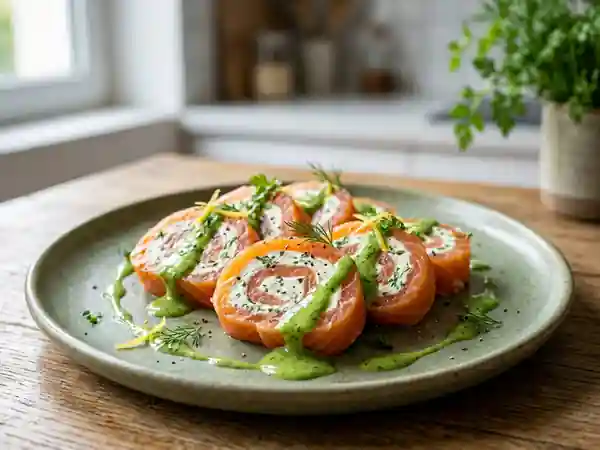 Baluchons de saumon fumé au coulis de cerfeuil : entrée raffinée et fraîche - Photo de présentation