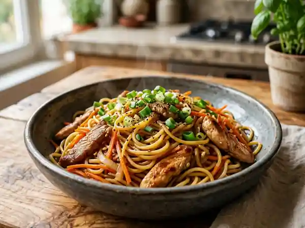 Bami Sauté au Poulet et Porc Croustillant - Photo de présentation