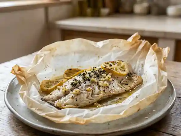 Bar fondant au citron et thym en papillote - Photo de présentation