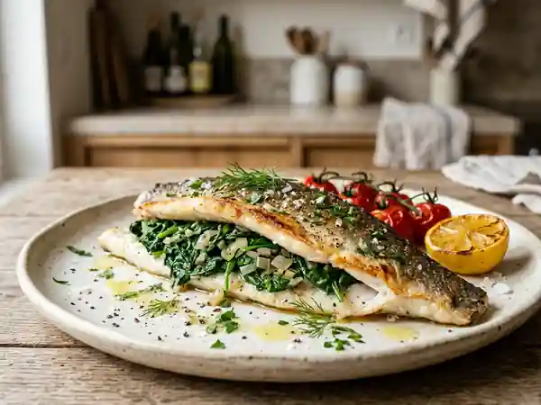 Bar farci aux feuilles d'épinards : recette savoureuse et légère - Photo de présentation