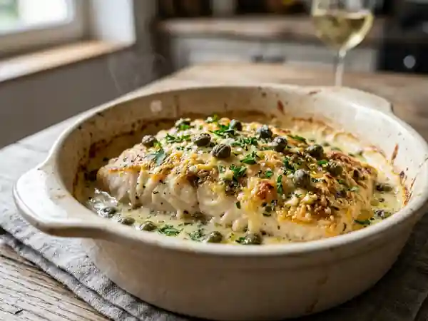 Filet de bar gratiné, crème citronnée aux câpres - Photo de présentation