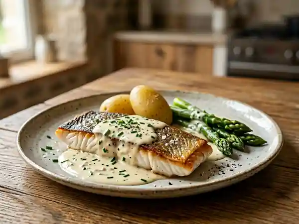 Bar grillé à la sauce de luxe onctueuse - Photo de présentation