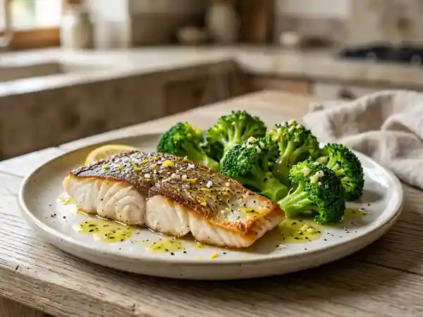 Bar grillé aux brocolis et sauce citronnée - Photo de présentation