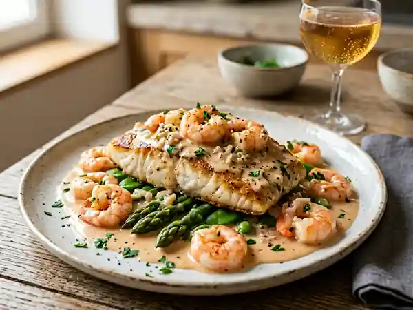 Barbue au cidre et sauce crémeuse aux crevettes : recette gourmande et raffinée - Photo de présentation
