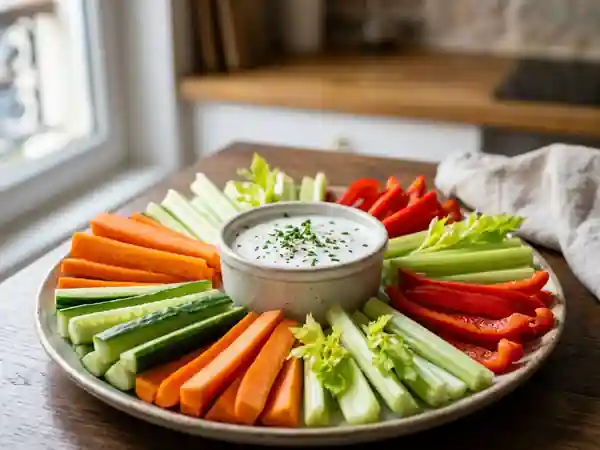 Bâtonnets de légumes croquants avec sauce yaourt fraîcheur pour apéritif - Photo de présentation
