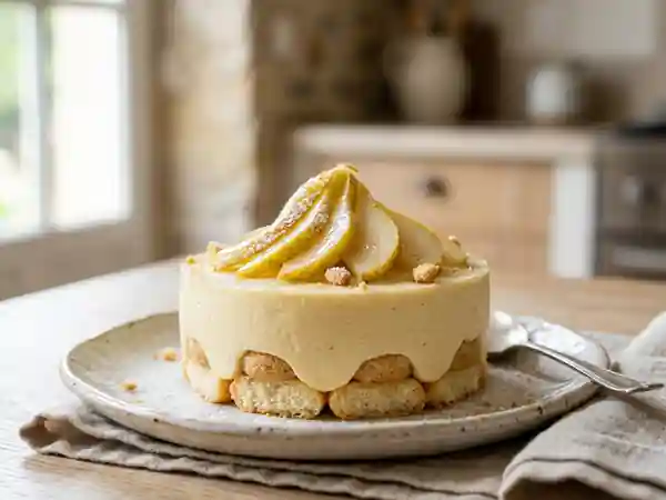Bavarois aux poires onctueux avec biscuit à la cuillère moelleux - Photo de présentation