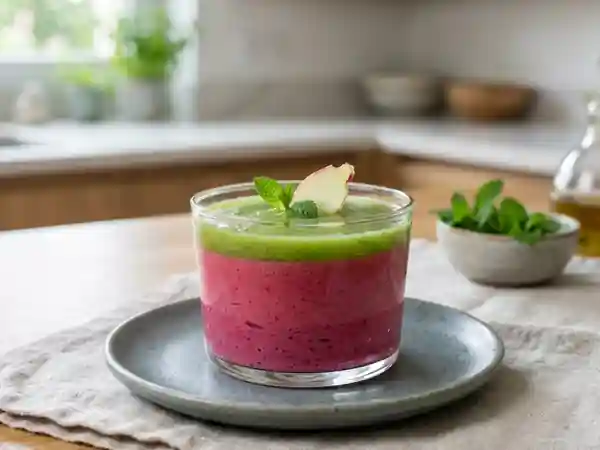 Bavarois de betterave au gingembre frais et coulis rafraîchissant de concombre - Photo de présentation