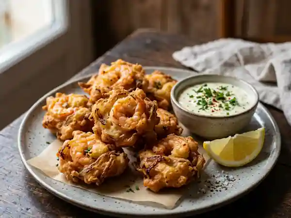 Beignets de crevettes dorés et oignons sucrés - Photo de présentation