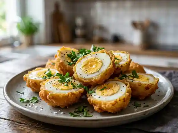 Beignets d'œufs durs dorés et croustillants - Photo de présentation