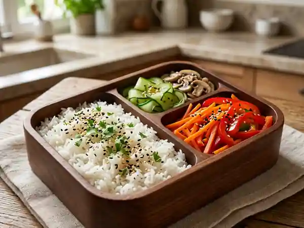 Bento végétarien savoureux aux légumes marinés et riz basmati parfumé - Photo de présentation