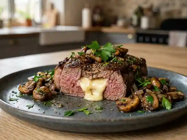 Steak cœur coulant aux champignons sautés - Photo de présentation