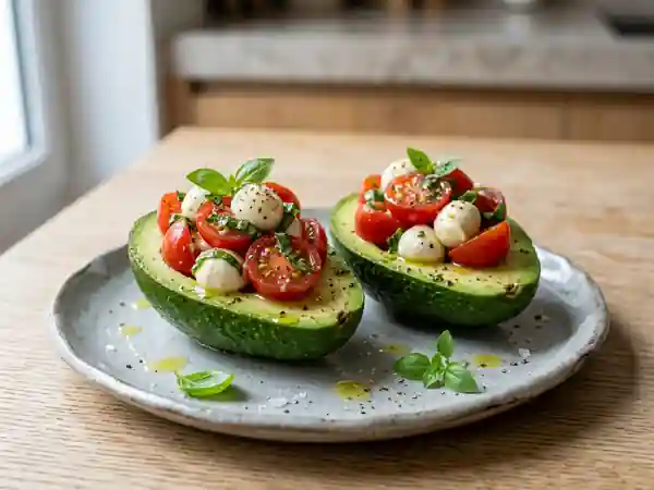 Billes de tomate et mozzarella en coque d'avocat : apéritif frais et gourmand - Photo de présentation
