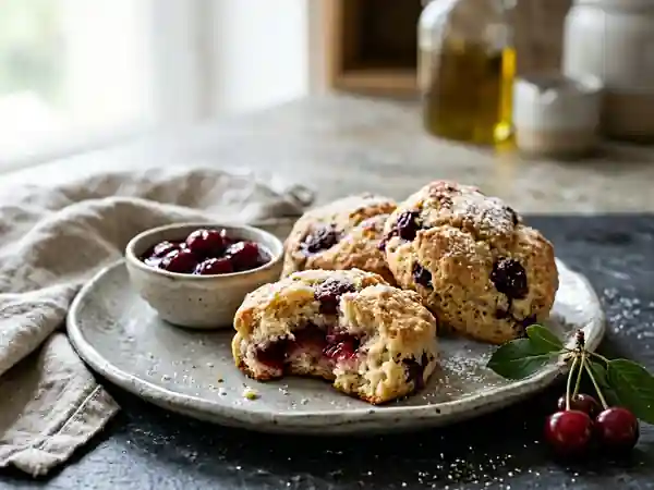 Biscuit léger à l'huile d'olive et compote de cerises : recette gourmande et saine - Photo de présentation