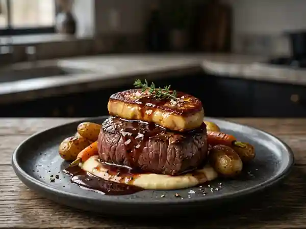 Fondant de bison au vin rouge et foie gras poêlé - Photo de présentation