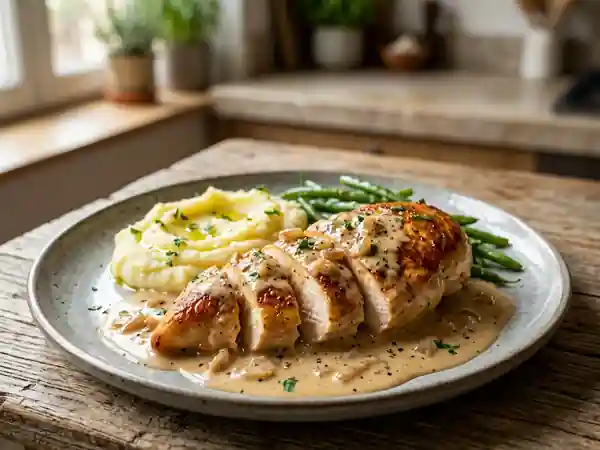 Blanc de poulet délicatement flambé au cognac, sauce crémeuse - Photo de présentation