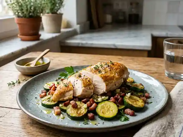 Poulet doré, courgettes et lardons croustillants - Photo de présentation